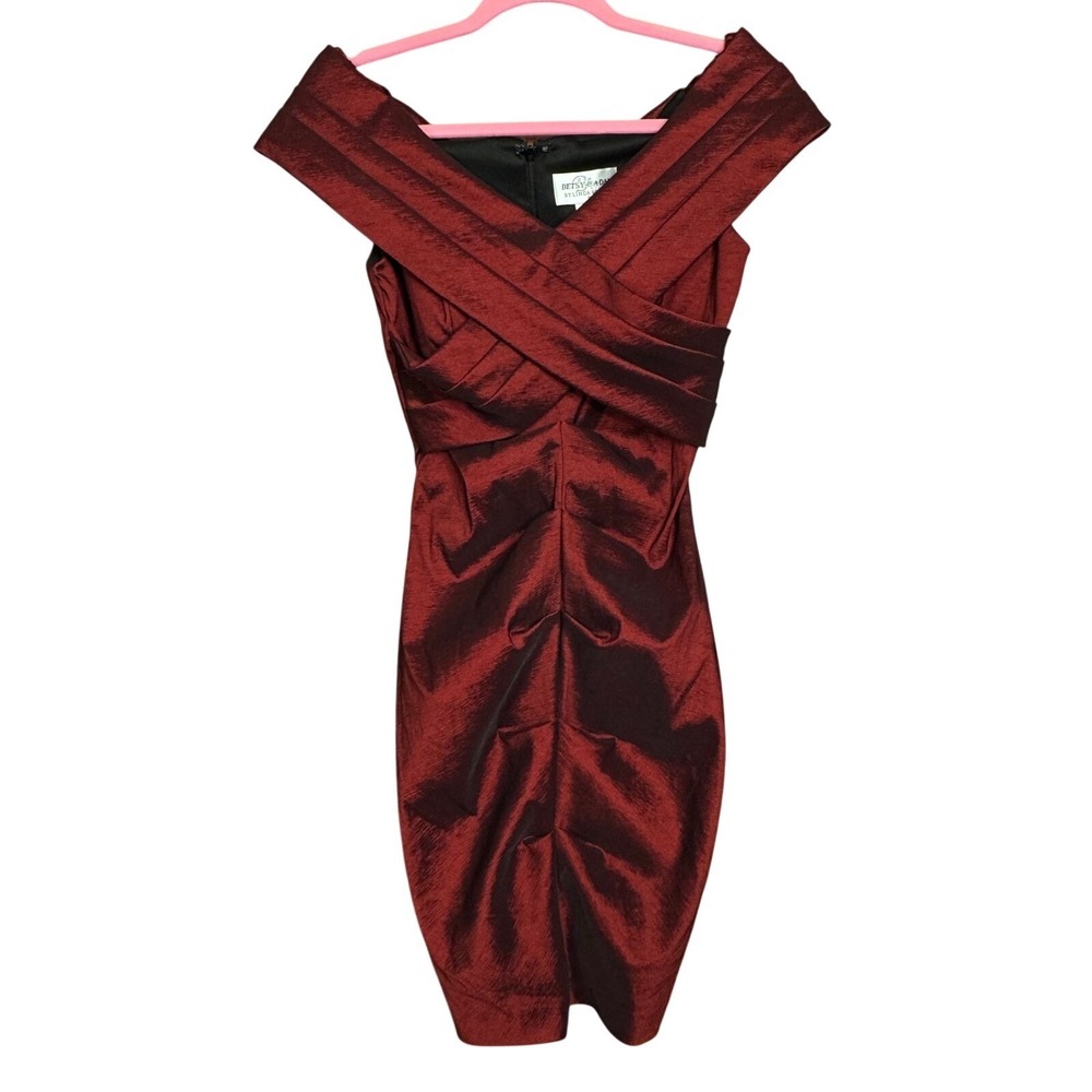 Betsy & Adam Burgundy Wine Off Shoulder Ruched Metallic Cocktail Dress 2P Bridal